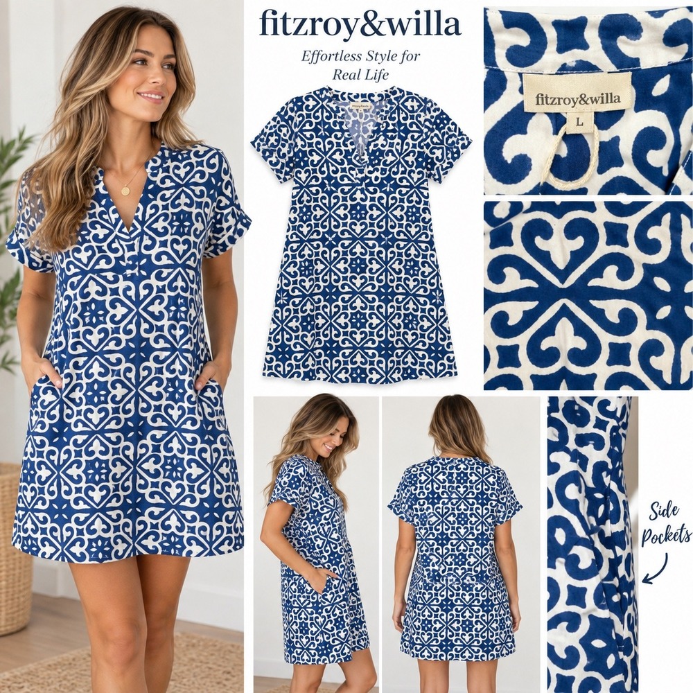Fitzroy&Willa Blue White Geometric Tile Print Cotton Shift Dress Pockets Sz- L